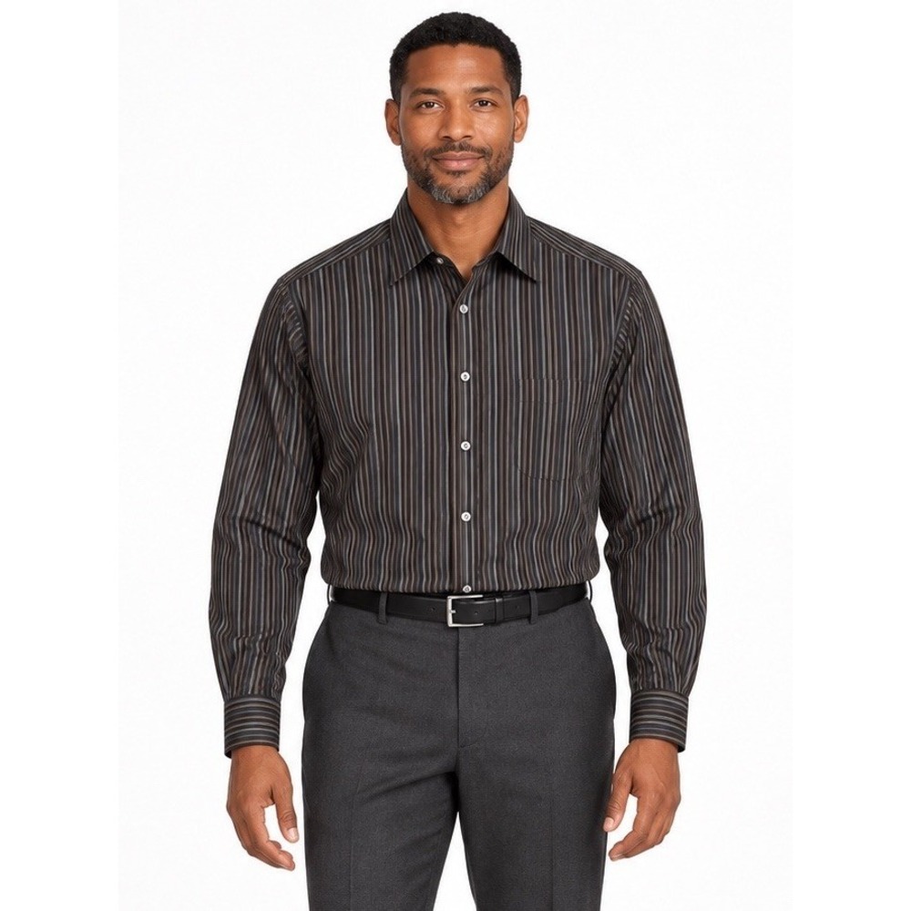 Ermenegildo Zegna Dress Shirt Mens Large Black Brown Stripe Cotton Button Up
